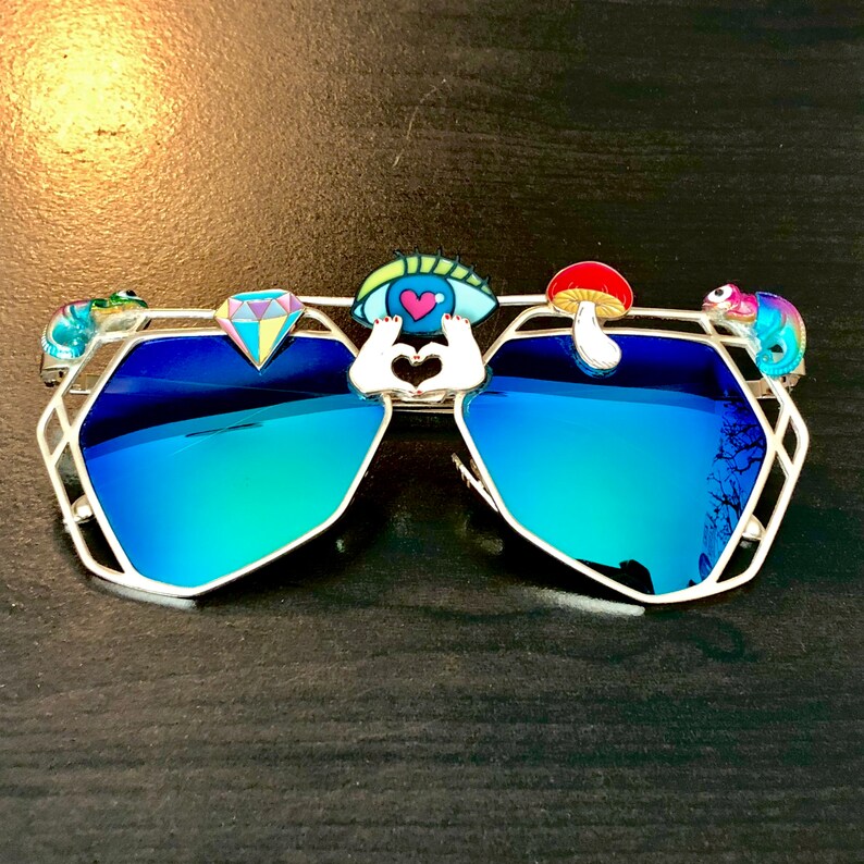 Third Eye Sunglasses Embellished Rave Festival Decorated Sunnies Shades Custom Mirror Geometric Glasses Psychedelic Burning Man Jewelled image 8