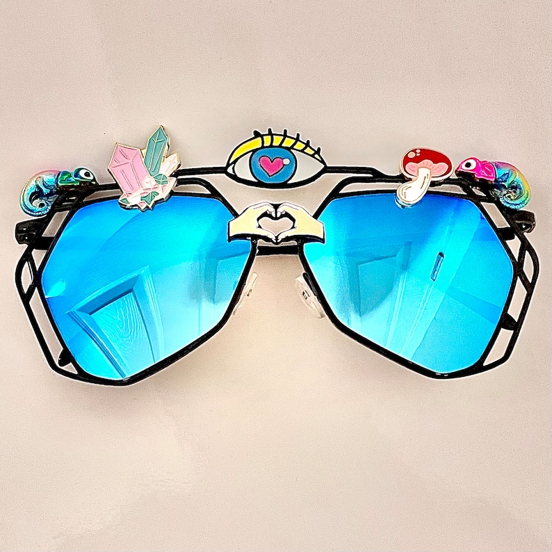 Third Eye Sunglasses Embellished Rave Festival Decorated Sunnies Shades Custom Mirror Geometric Glasses Psychedelic Burning Man Jewelled image 4