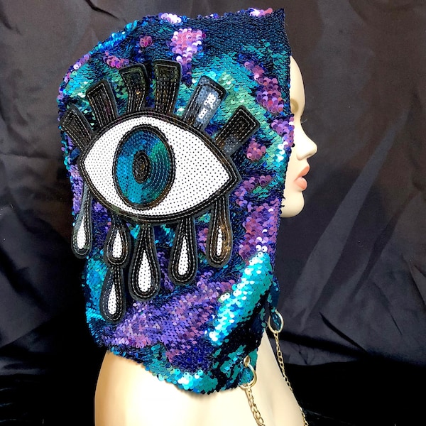 Sequin Hood Rave Music Festival EDC Custom Evil Eye Symbol Mermaid Hippie EDM Fur Infinity Scarf Burning Man Clothing Accessories Men Women