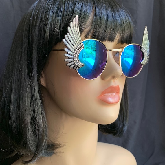Embellished Blue Mirror Sunglasses for Women Intricate Hand Embellished Rhinestone Sunglasses | Oversized  main image 3