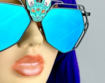 Third Eye Sunglasses Sphinx Rave Festival Decorated Embellished Sunnies Shades Custom Trippy Geometric Glasses Psychedelic Burning Man Cat