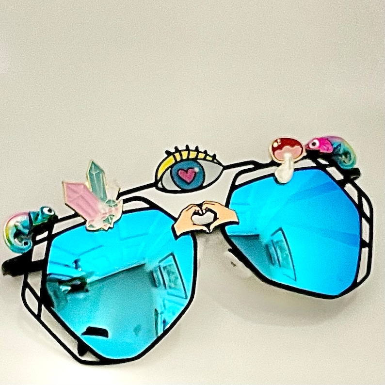 Third Eye Sunglasses Embellished Rave Festival Decorated Sunnies Shades Custom Mirror Geometric Glasses Psychedelic Burning Man Jewelled image 6