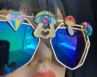 Okulary przeciwsłoneczne Third Eye, zdobione, Rave Festival, okulary przeciwsłoneczne, okulary przeciwsłoneczne, niestandardowe, lustrzane, geometryczne, psychodeliczne, Burning Man, z klejnotami