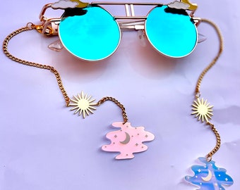 Moon Cloud Sunglasses Celestial Face Chain Temple Rave Jewelry Festival Raver Outfit Witchy Accessories RaveWear Burning Man EDC EDM Eyewear