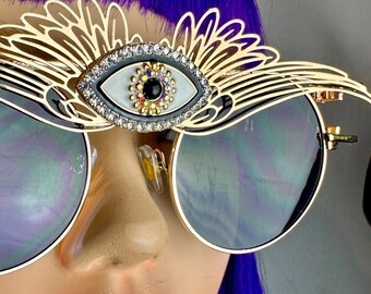 Winged Eye Steampunk Sunglasses Burning Man Black Gold  display picture 1