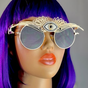 Steampunk-solglasögon med bevingade ögon, Burning Man, svartguld, trippy, psykedeliska, tredje onda ögat, tredje linsglasögon, Ravefestival, Ravewear-outfit, herr