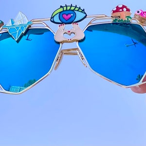 Third Eye Sunglasses Embellished Rave Festival Decorated Sunnies Shades Custom Mirror Geometric Glasses Psychedelic Burning Man Jewelled image 3