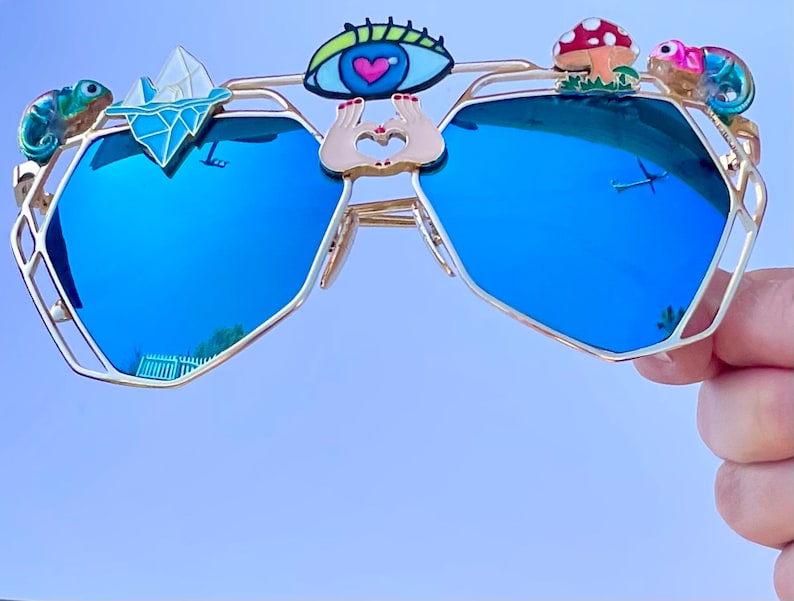 Third Eye Sunglasses Embellished Rave Festival Decorated Sunnies Shades Custom Mirror Geometric Glasses Psychedelic Burning Man Jewelled image 3