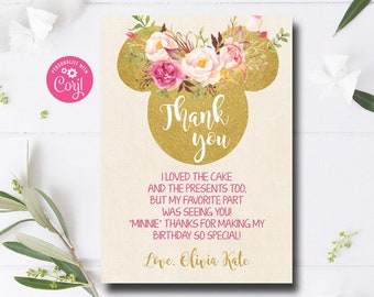 Editable Minnie Mouse Thank You Card Minnie Mouse Thank You Note Minnie Thanks Pink Gold Floral Boho Thank You Corjl Template 1028