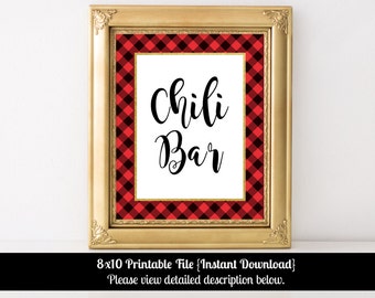 Chili Bar Sign, Lumberjack Party Signs, Buffalo Plaid, Lumberjack, Red and Black, Chili Sign, Party Signs, Printable 8x10