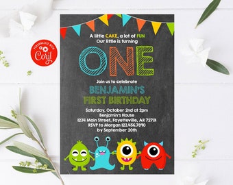 Editable Monster Birthday Invitation Monster First Birthday Monster 1st Birthday Little Monster Chalkboard Halloween Corjl Template MON1