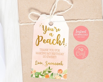 Editable Peach Favor Tags You're a Peach Party Tags Favor Tags Gift Tags Watercolor Peach and Gold Thank You Editable Template 1107