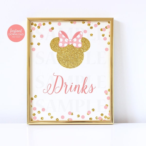 Minnie Mouse Drinks Sign Drink Table Pink and Gold Sign Birthday Table Sign, Party Decorations Size 8x10 Instant Download Printable 1106