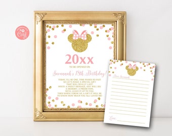 Editable Minnie Mouse Time Capsule Pink and Gold Minnie Mouse Time Capsule Cards 1st Birthday Memories Time Capsule Sign Template 1106