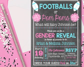 Gender Reveal Invitation, Footballs or Pom Poms, Gender Reveal Party, Pink or Blue, Invitation, Boy or Girl,  Chalkboard, Printable 5x7