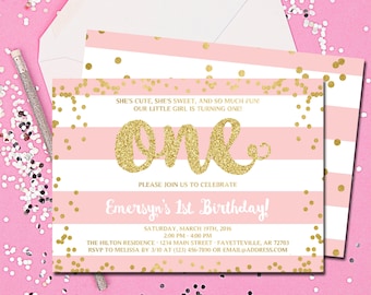 Erste Geburtstags-Einladung, Einladung zum 1. Geburtstag, Geburtstag einladen, Rosa und Gold, Blush Pink, Gold Faux Glitter, Printable 5 x 7