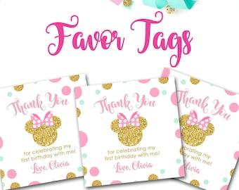 Minnie Mouse Favor Tags, Minnie Mouse, Minnie Mouse Party Decor, Favor Tags, Thank You tags, 3x3 Favor Tags, Pink and Gold, Mint