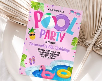 Editable Pool Party Invitation Tropical Girly Birthday Pool Party Summer Swimming Pool Party Template Size 5x7 - PL8