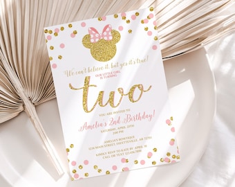 Editable Minnie Mouse 2nd Birthday Invitation Minnie Mouse Birthday Invite Oh Twodles Pink and Gold Minnie 2nd Size 5x7 - 1106