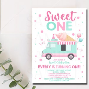 Sweet One Ice Cream Truck Einladung, 1. Geburtstagseinladung, Eis Geburtstag, Sweet One Geburtstag, Erster Geburtstag, Eis Größe: 13x18