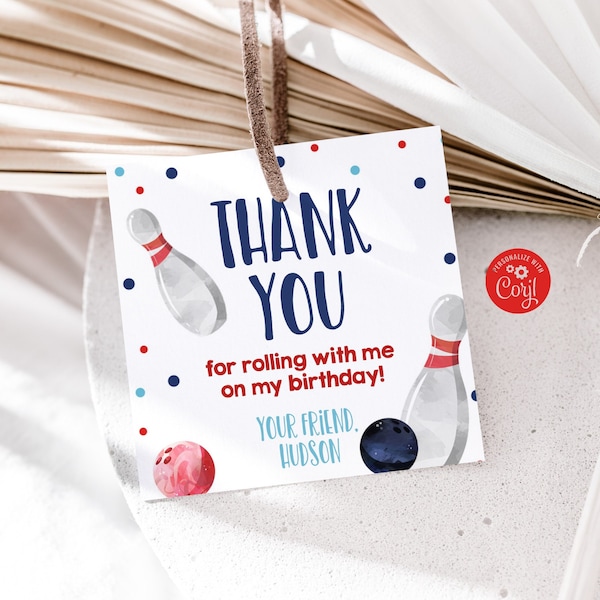 Editable Bowling Favor Tags Editable Bowling Party Thank You Tags Bowling Birthday Party Boy Birthday Tags Size 3x3 - BOWL1