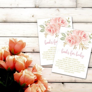 Boekaanvraagkaart, babyboekaanvraag, boekaanvraaginvoegsel, blozen roze en goud, boeken voor baby, breng een boek, invoegkaart, bloemen
