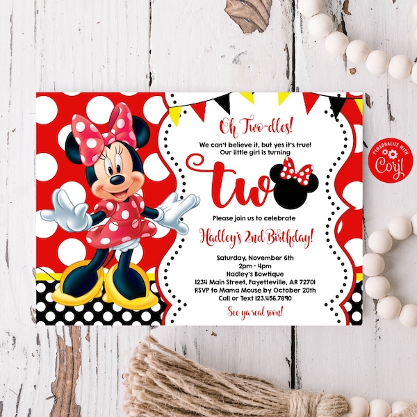 Editable Minnie Mouse 2nd Birthday Invitation Red Black Gold 2nd Birthday Minnie Mouse Birthday Polka Dots Oh Twodles Template 1032