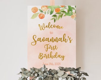 Peach Birthday Welcome Sign, Welcome Party Sign, 1st Birthday Welcome Sign, Sweet as a Peach, Welcome Poster, Editable Sign, Template 1107