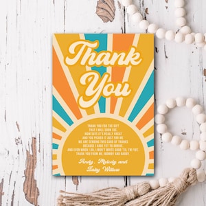 Nota de agradecimiento Editable Retro Sunshine Aquí viene el hijo Baby Shower Nota de agradecimiento Hippie Años 70 / Tamaño 5x7 pulgadas Plantilla 479