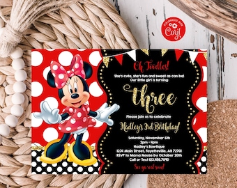 Editable Minnie Mouse 3rd Birthday Invitation Red Black Gold 3rd Birthday Minnie Mouse Birthday Polka Dots Oh Toodles Template 1032