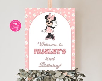Editable Groovy Daisy Welcome Sign Two Groovy Retro Minnie Mouse Welcome Party Sign Girl Birthday Minnie Party Size 16x20 Template - GM20