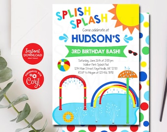 Editable Splash Pad Birthday Invitation, Water Park, Splash Pad Birthday Party, Splash Bash, Birthday Invitation Editable Template