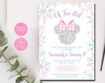 Editable Minnie Mouse Invitation, Minnie Mouse Birthday, Winter Wonderland, 2nd Birthday Invitation Snowflakes Size 5x7 Corjl Template MM10