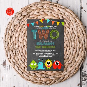 Editable Monster Birthday Invitation Monster First Birthday Monster 2nd Birthday Little Monster Chalkboard Halloween Corjl Template MON1
