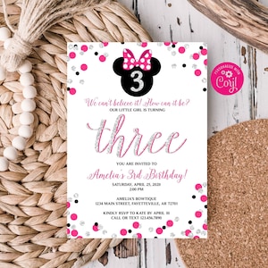 Editable Minnie Mouse Invitation, Minnie Mouse Birthday, Birthday Invitation, Invitation, Birthday, Pink and Silver, 3rd Birthday Invite MM2