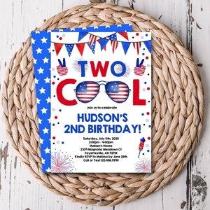 7 月 4 日の TWO COOL 招待状、Two Cool 誕生日、赤、白、青、2 歳の誕生日招待状、7 月 4 日の誕生日招待状、サイズ 5x7 - 1119