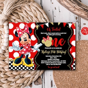 Modifiable Minnie Mouse 1er anniversaire Invitation rouge noir or 1er anniversaire Minnie Mouse anniversaire pois Oh Twodles modèle 1032