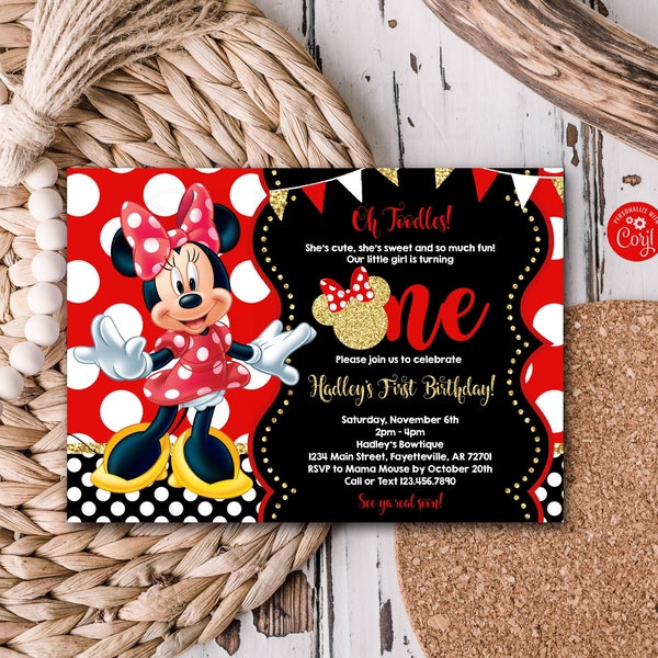 Editable Minnie Mouse 1st Birthday Invitation Red Black Gold 1st Birthday Minnie Mouse Birthday Polka Dots Oh Twodles Template 1032