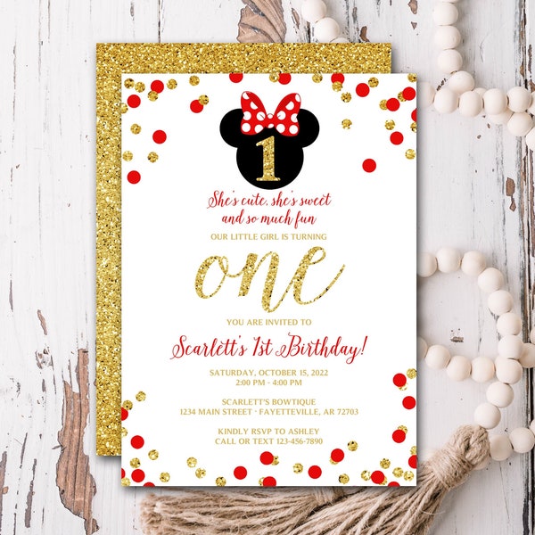 Red and Gold Minnie Mouse 1st Birthday Invitation Red Black Gold Minnie Mouse Birthday Invitations Minnie Mouse Party Size 5x7 - MM8