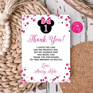 Tarjeta de agradecimiento editable de Minnie Mouse Cumpleaños de Minnie Mouse Nota de agradecimiento Cumpleaños Rosa y Plata 1er cumpleaños Minnie Gracias MM2