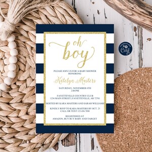 Editable Boy Baby Shower Invitation Blue and Gold Oh Boy Baby Shower Invitation Oh Boy New Baby Navy and Gold Glitter Corjl Template B189