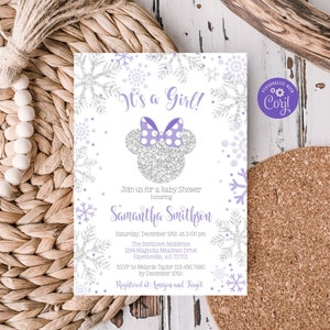 Editable Minnie Mouse Baby Shower Invitation, Snowflake Baby Shower Invite, Purple Silver Minnie Baby Shower It&#39;s a Girl Template MM11