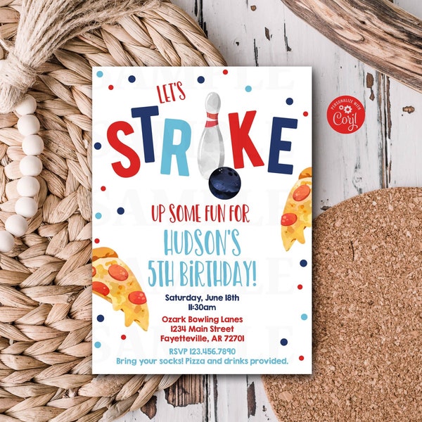 Editable Bowling Birthday Invitation, Let's Strike Up Some Fun, Bowling Pizza Party, Bowling Birthday Party, Pizza Party, Size 5x7 - BOWL1