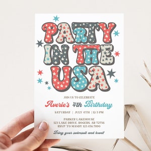 Editable Party in the USA Retro 4th of July Birthday Invitation America Vibes Groovy Boy Girl Birthday Template Size 5x7 - USA1