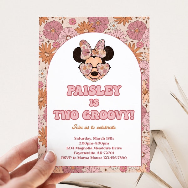 Editable Groovy Minnie Invitation Two Groovy Retro Two Wild Minnie Mouse Invitation Girl 2nd Birthday Minnie Party Size 5x7 Template - GM15