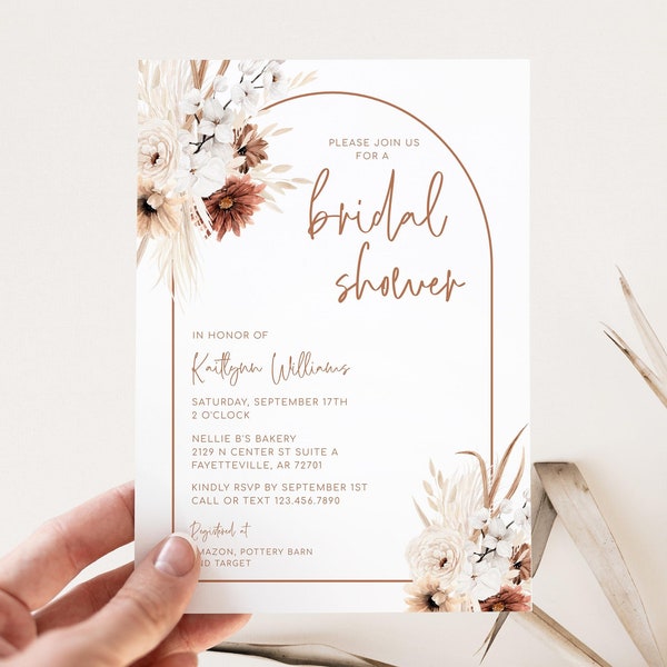 Boho Bridal Shower Invitation Editable Bridal Shower Invite Boho Floral Pampas Grass Fall Wedding Shower Size 5x7 Template Corjl B87