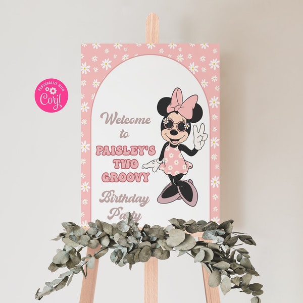 Editable Groovy Daisy Welcome Sign Two Groovy Retro Minnie Mouse Welcome Party Sign Girl Birthday Minnie Party Size 16x20 Template - GM20