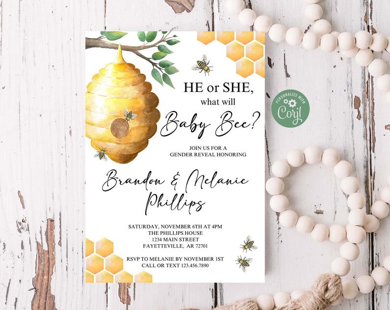 Editable Bee Gender Reveal Invitation What Will Baby Bee Invite Honey Bee Gender Reveal Party Honeycomb Gender Neutral Corjl