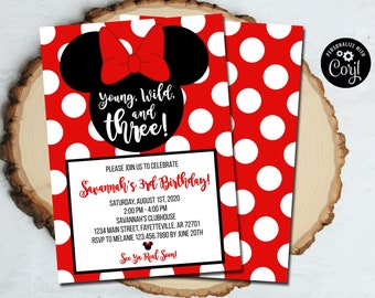 Editable Minnie Mouse Invitation, Young Wild and Three, 3rd Birthday Minnie Mouse Invite, Birthday Invitation, Red and Black, Template 1117