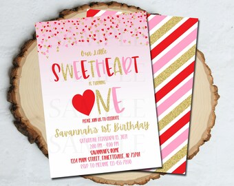 Sweetheart Birthday Invitation, Sweetheart 1st Birthday, Invitation, Pink Red Gold , Little Sweetheart, Heart, Valentine Birthday 5x7 VD03